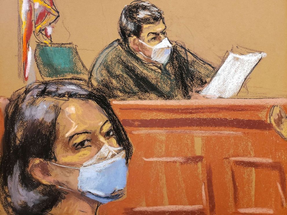 PHOTO: Judge Alison Nathan questions juror number 50 about his answers on the juror questionaire as Jeffrey Epstein associate Ghislaine Maxwell listens in a courtroom sketch in New York, March 8, 2022. 
