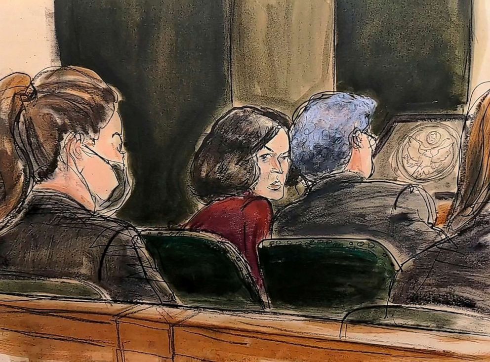 PHOTO: In this courtroom sketch, Ghislaine Maxwell center, confers with her defense attorney Jeffrey Pagliuca, before testimony begins in her sex-abuse trial, in New York, Dec. 8, 2021.