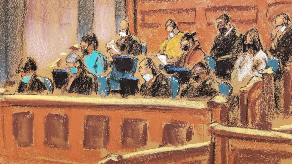 PHOTO: The jury receives their instructions before beginning deliberations during the trial of Ghislaine Maxwell, in a courtroom sketch in New York, Dec. 20, 2021.