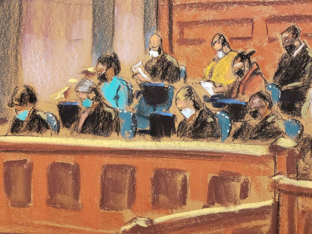 PHOTO: The jury receives their instructions before beginning deliberations during the trial of Ghislaine Maxwell, in a courtroom sketch in New York, Dec. 20, 2021.