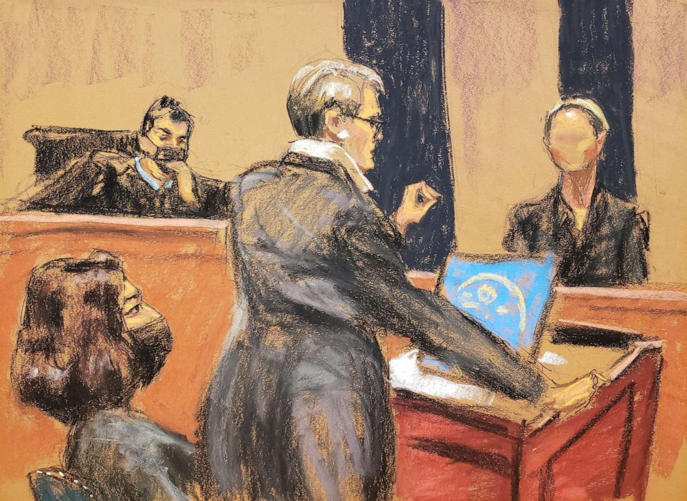 PHOTO: Witness "Kate" is cross-examined by defense attorney Bobbi Sternheim during the trial of Ghislaine Maxwell, the Jeffrey Epstein associate accused of sex trafficking, in a courtroom sketch in New York, Dec. 6, 2021. 