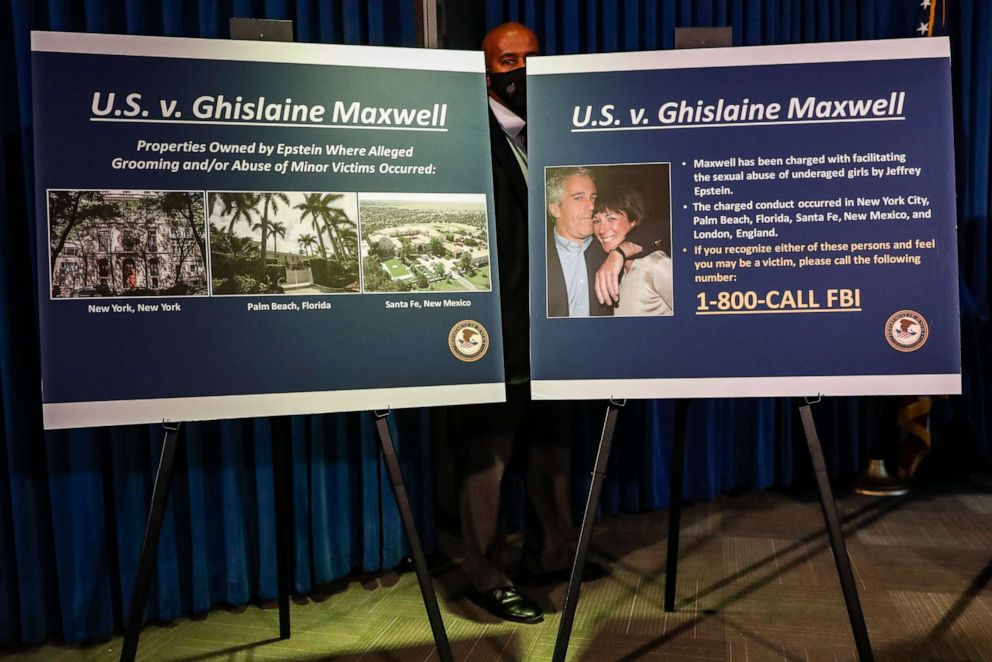 PHOTO: Boards outlining the case against Ghislaine Maxwell are displayed during a news conference to announce charges against Maxwell for her alleged role in the sexual exploitation and abuse of minor girls by Jeffrey Epstein, July 2, 2020, in New York.