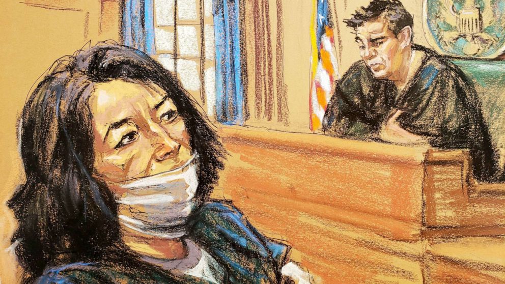 PHOTO: Ghislaine Maxwell, the Jeffrey Epstein associate accused of sex trafficking, sits before U.S. District Judge Alison J. Nathan during a pretrial hearing, in a courtroom sketch in New York, Nov. 1, 2021. 