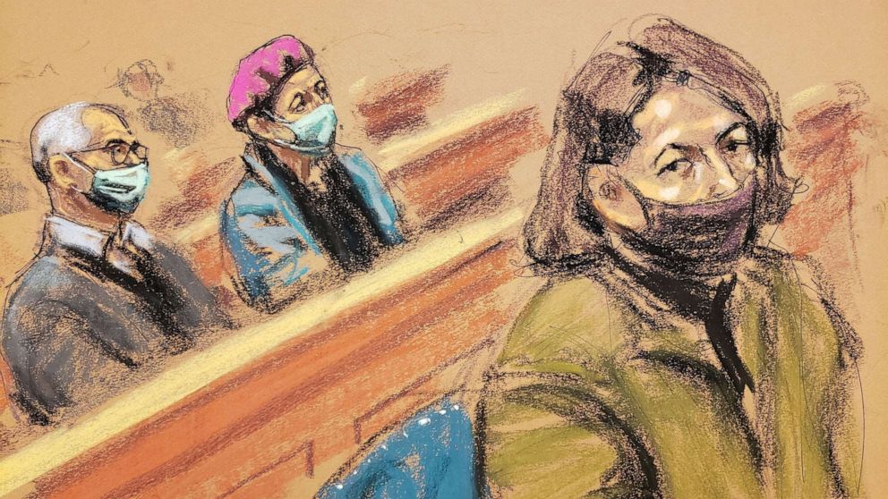 PHOTO: Ghislaine Maxwell sits in front of her brother Kevin Maxwell and sister Isabel Maxwell during a charging conference in a courtroom sketch in New York, Dec. 18, 2021.
