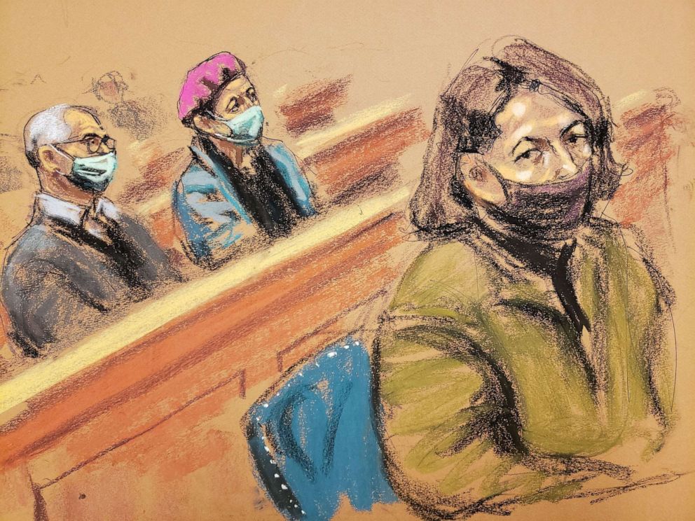 PHOTO: Ghislaine Maxwell sits in front of her brother Kevin Maxwell and sister Isabel Maxwell during a charging conference in a courtroom sketch in New York, Dec. 18, 2021.