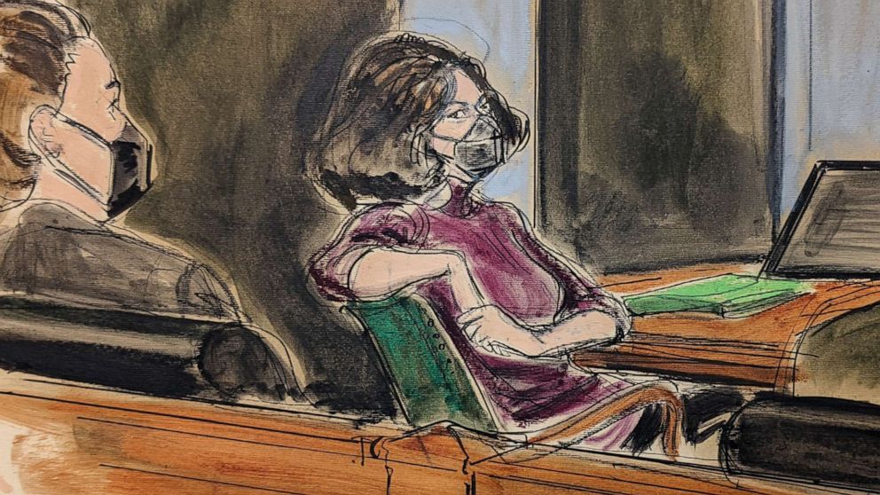 PHOTO: In this courtroom sketch, Ghislaine Maxwell, center, sits in the courtroom during a discussion about a note from the jury, during her sex trafficking trial, Wednesday, Dec. 29, 2021, in New York.