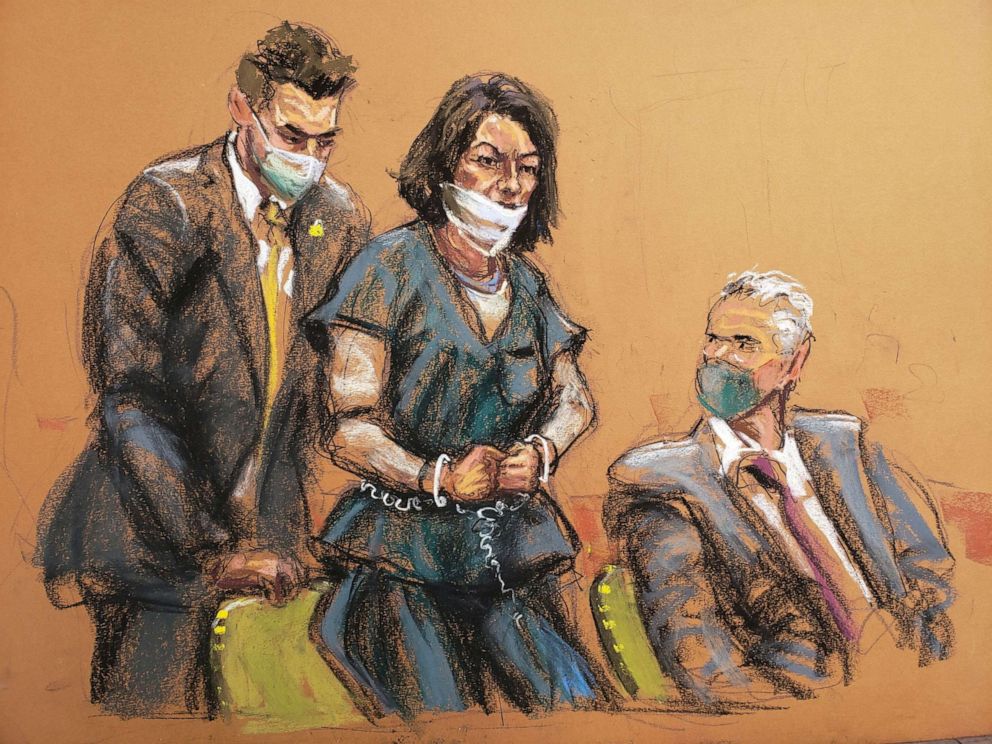 PHOTO: Ghislaine Maxwell, the Jeffrey Epstein associate accused of sex trafficking, is led into court in shackles for a pre-trial hearing ahead of jury selection, expected to begin later in the week, in a courtroom sketch in New York City, Nov. 1, 2021.