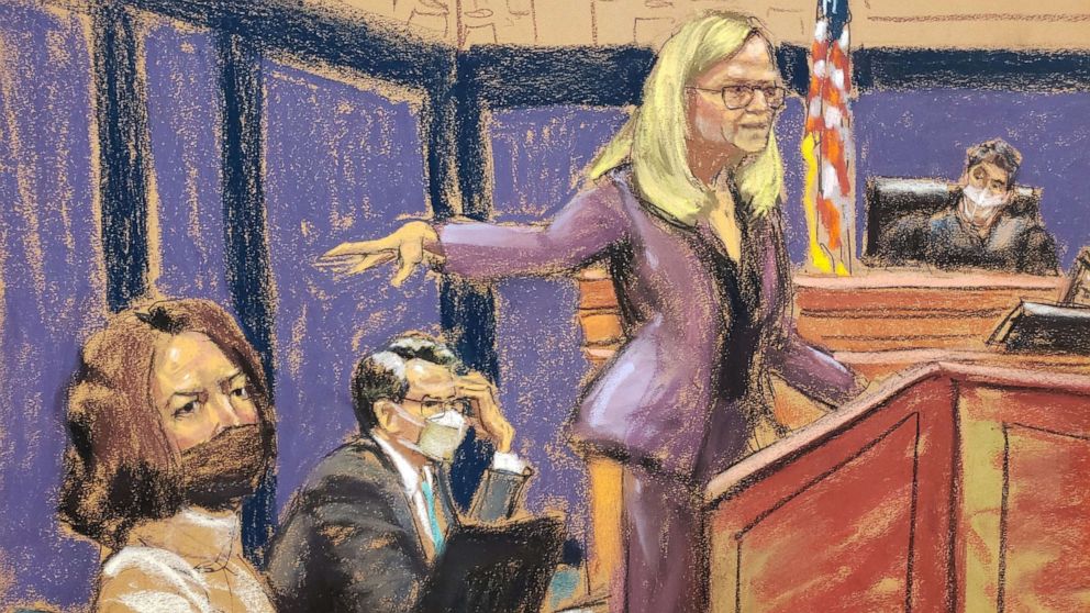 PHOTO: Attorney Laura Menninger closes for the defense near defense, as Ghislaine Maxwell looks on during her trial for sex trafficking, in a courtroom sketch in New York City, Dec. 20, 2021.
