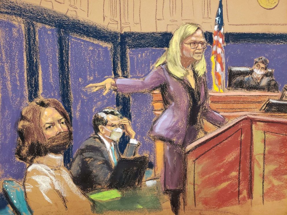 PHOTO: Attorney Laura Menninger closes for the defense near defense, as Ghislaine Maxwell looks on during her trial for sex trafficking, in a courtroom sketch in New York City, Dec. 20, 2021.