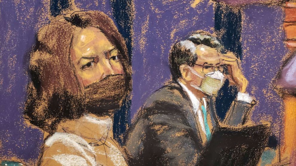 PHOTO: Ghislaine Maxwell attends her trial for sex trafficking next to defense attorney Christian Everdell in a courtroom sketch in New York City, Dec. 20, 2021.