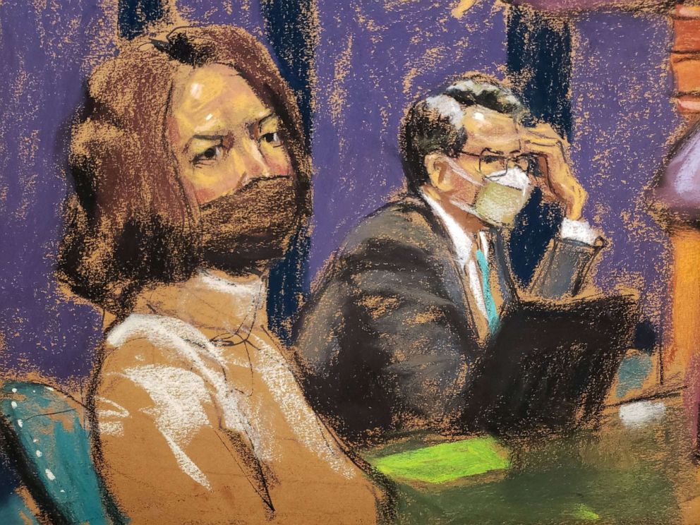 PHOTO: Ghislaine Maxwell attends her trial for sex trafficking next to defense attorney Christian Everdell in a courtroom sketch in New York City, Dec. 20, 2021.