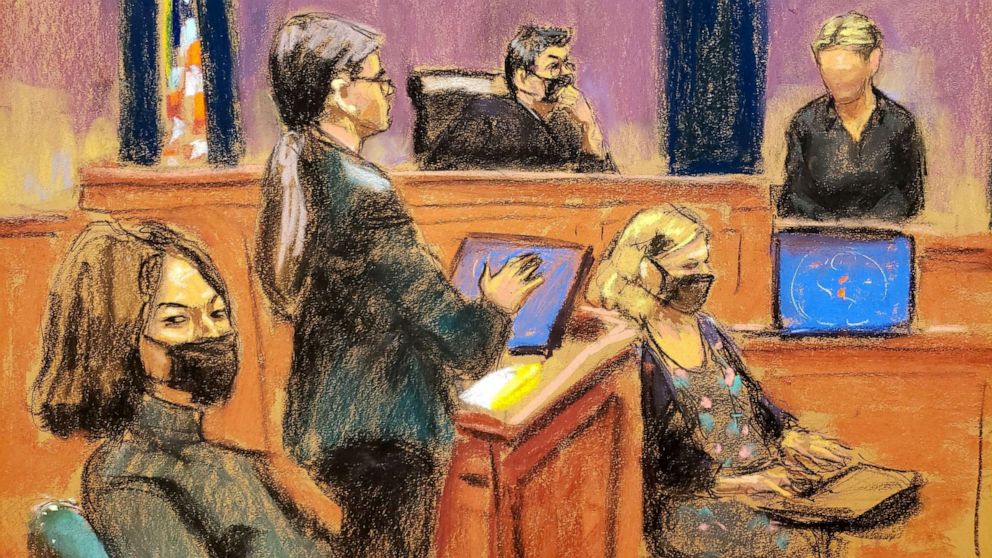 PHOTO: Witness "Kate" is questioned by prosecutor Lara Pomerantz during the trial of Ghislaine Maxwell, the Jeffrey Epstein associate accused of sex trafficking, in a courtroom sketch in New York City, Dec. 6, 2021.