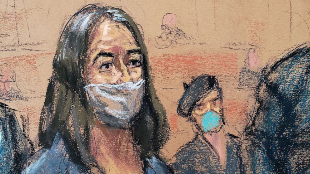 PHOTO: British socialite Ghislaine Maxwell appears during her arraignment hearing on a new indictment at Manhattan Federal Court in New York City, April 23, 2021, in this courtroom sketch. 
