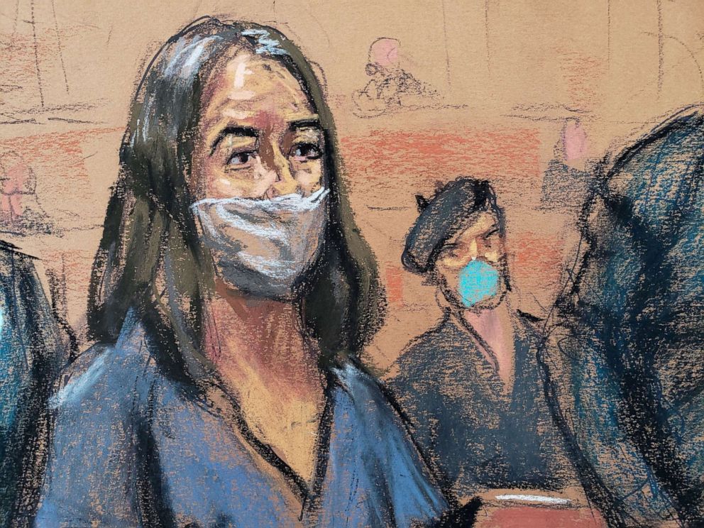 PHOTO: British socialite Ghislaine Maxwell appears during her arraignment hearing on a new indictment at Manhattan Federal Court in New York City, April 23, 2021, in this courtroom sketch. 