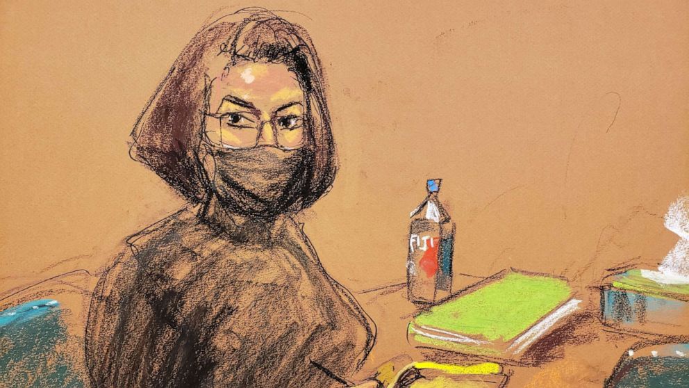 PHOTO: Ghislaine Maxwell turns to sketch court sketch artist Jane Rosenberg during the trial of Maxwell, the Jeffrey Epstein associate accused of sex trafficking, in a courtroom sketch in New York City, Dec. 7, 2021.