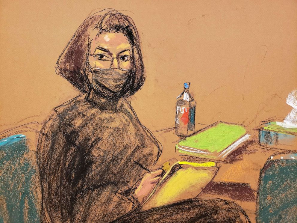PHOTO: Ghislaine Maxwell turns to sketch court sketch artist Jane Rosenberg during the trial of Maxwell, the Jeffrey Epstein associate accused of sex trafficking, in a courtroom sketch in New York City, Dec. 7, 2021.