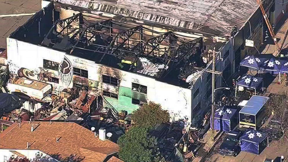 This Dec. 3, 2016, file image from video provided by KGO-TV shows the Ghost Ship Warehouse after a fire swept through the building in Oakland, Calif.
