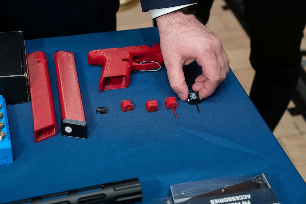 PHOTO: NYPD Detective John Uske shows ghost gun parts during a press conference at 1 Police Plaza.