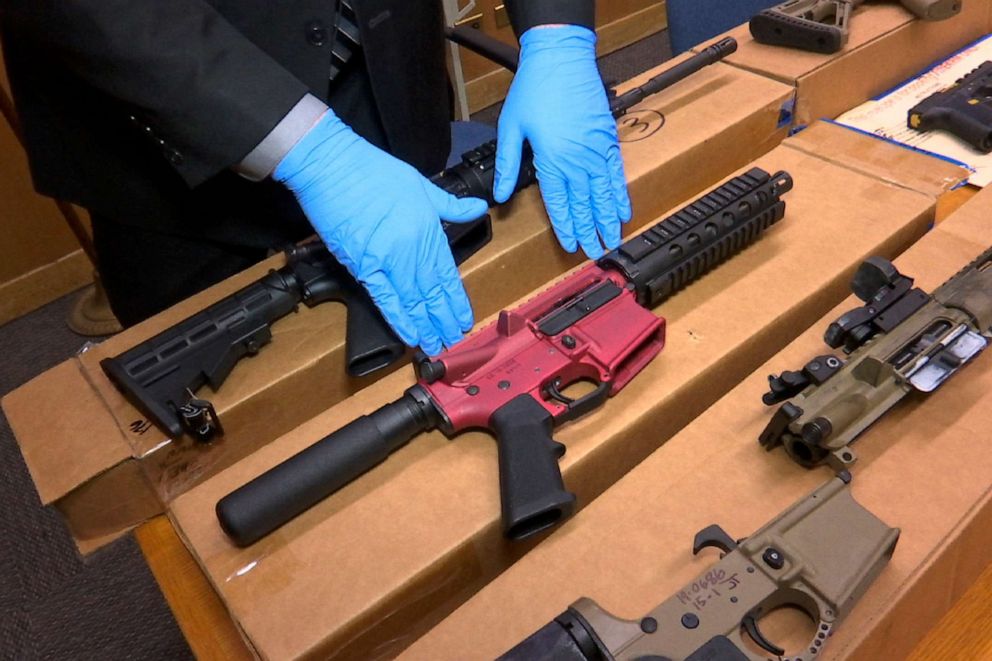 PHOTO: In this Nov. 27, 2019, file photo, "ghost guns" are displayed at the headquarters of the San Francisco Police Department in San Francisco.