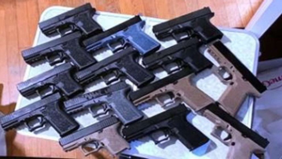 PHOTO: Evidence photos released by the Department of Justice show some of the 45 ghost guns  seized from the home of Robert Alcantara, as well as photographs of firearms Alcantara allegedly intended to sell to buyers, Providence, R.I., Jan. 6, 2022.