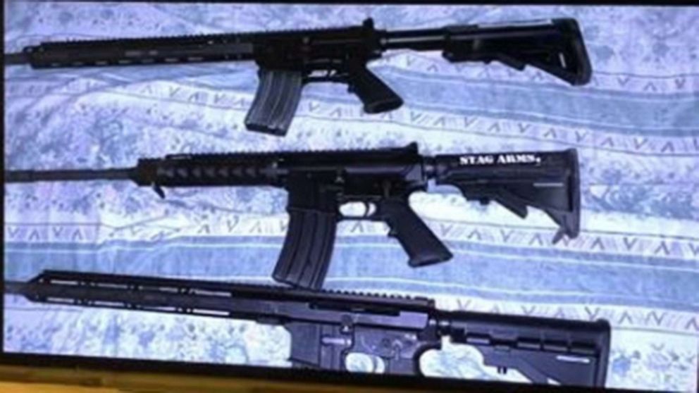 PHOTO: Evidence photos released by the Department of Justice show some of the 45 ghost guns  seized from the home of Robert Alcantara, as well as photographs of firearms Alcantara allegedly intended to sell to buyers, Providence, R.I., Jan. 6, 2022.