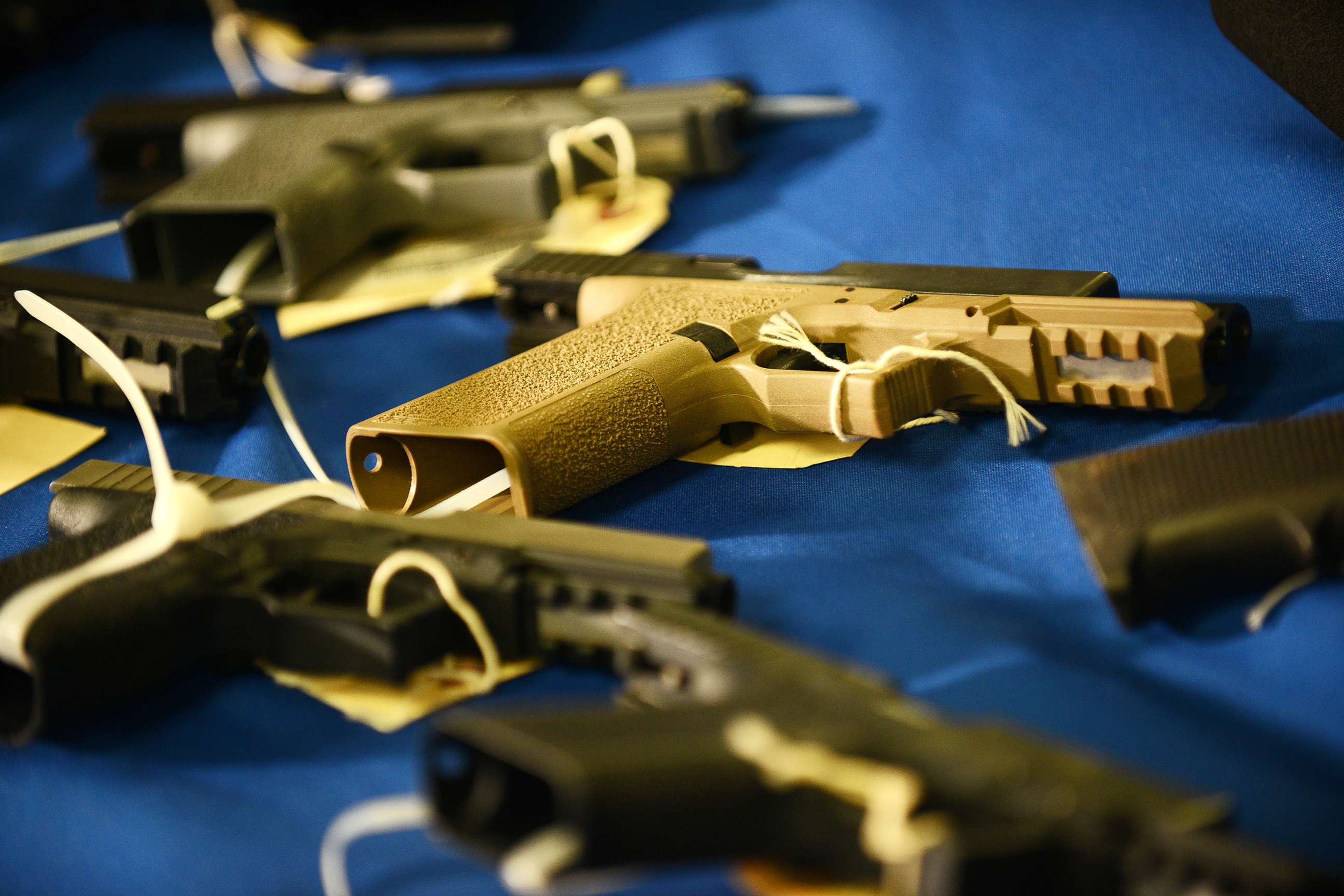 PHOTO: Ghost guns that were secured by the DC Metropolitan Police Department are displayed during a press conference held by Mayor Muriel Bowser who announced a new legislation to ban the import of ghost gun kits and parts in Washington, Feb. 28, 2020.