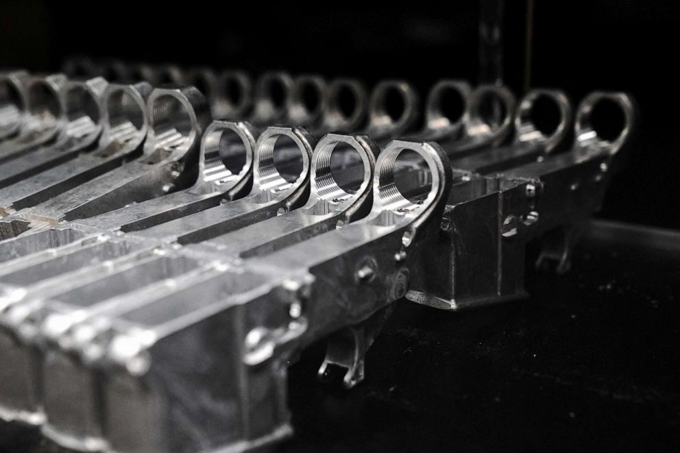 PHOTO: Aluminum lower receivers for AR-15 rifles are displayed for sale at Firearms Unknown, a gun store in Oceanside, California, April 12, 2021.