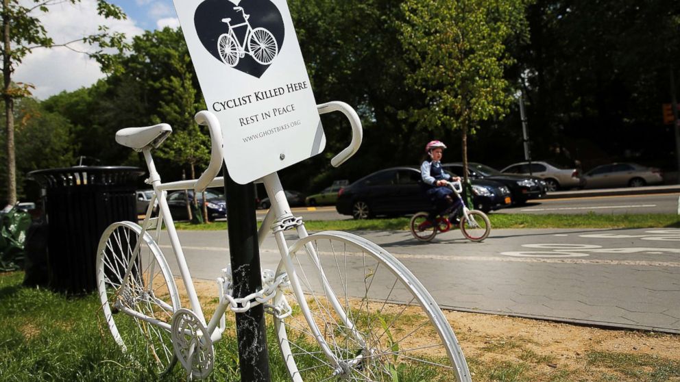 A "Ghost Bike", which are used to signify a fatality involving a bicycle, is viewed along a street on May 30, 2014, in the Brooklyn borough of New York City.
