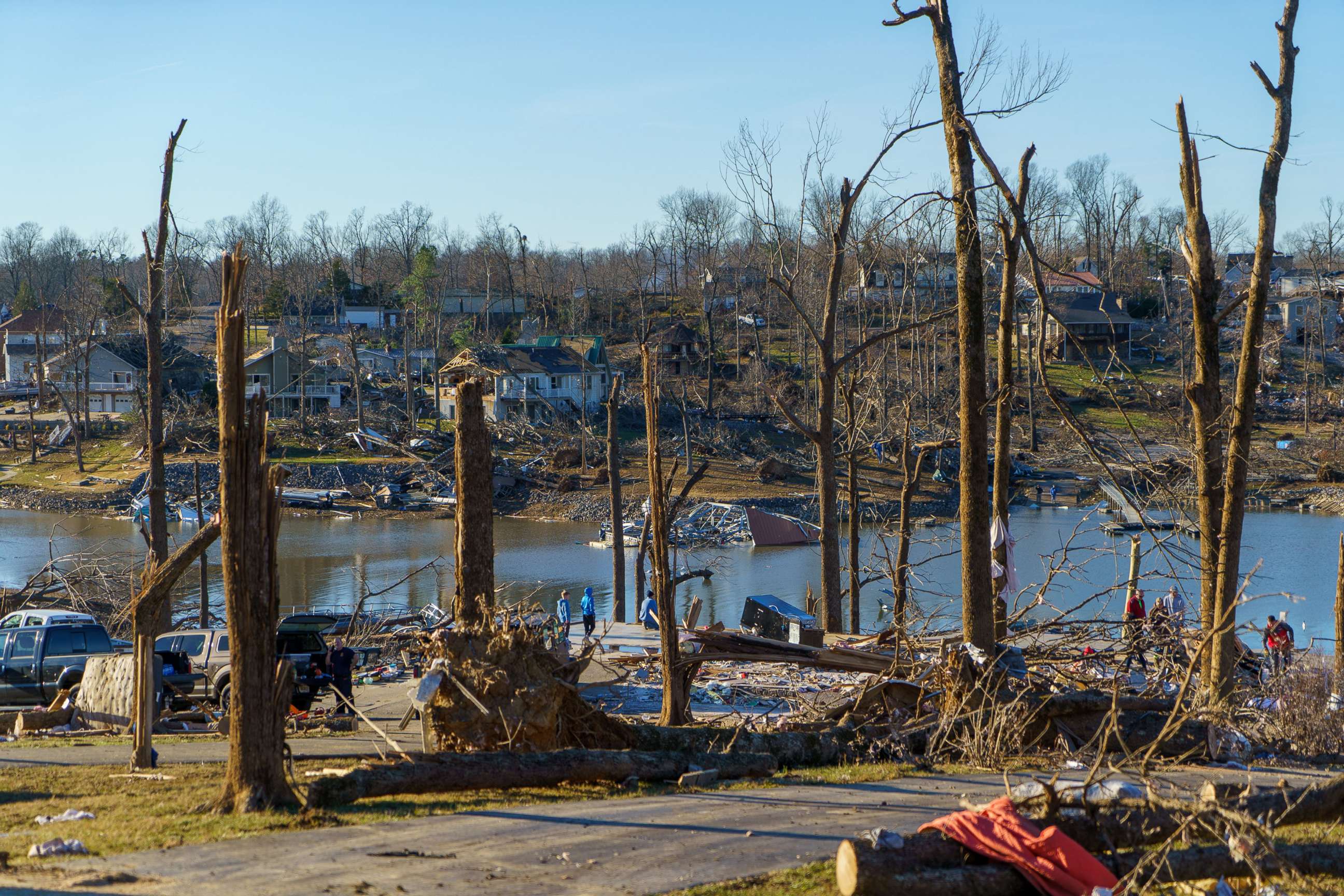 PHOTO: Heavy damage is seen after a tornado swept through the Cambridge Shores area in Gilbertsville, Ky., Dec. 12, 2021.