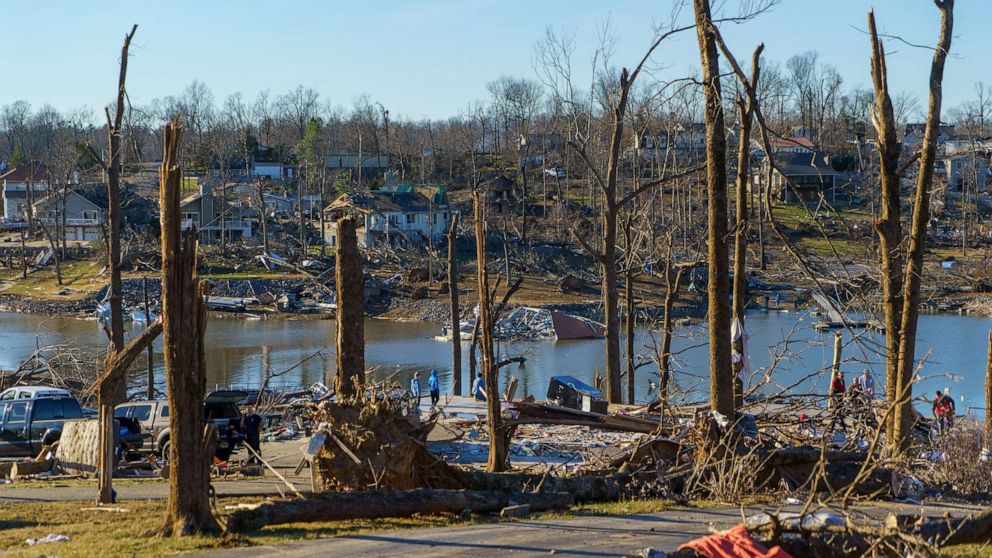 PHOTO: Heavy damage is seen after a tornado swept through the Cambridge Shores area in Gilbertsville, Ky., Dec. 12, 2021.