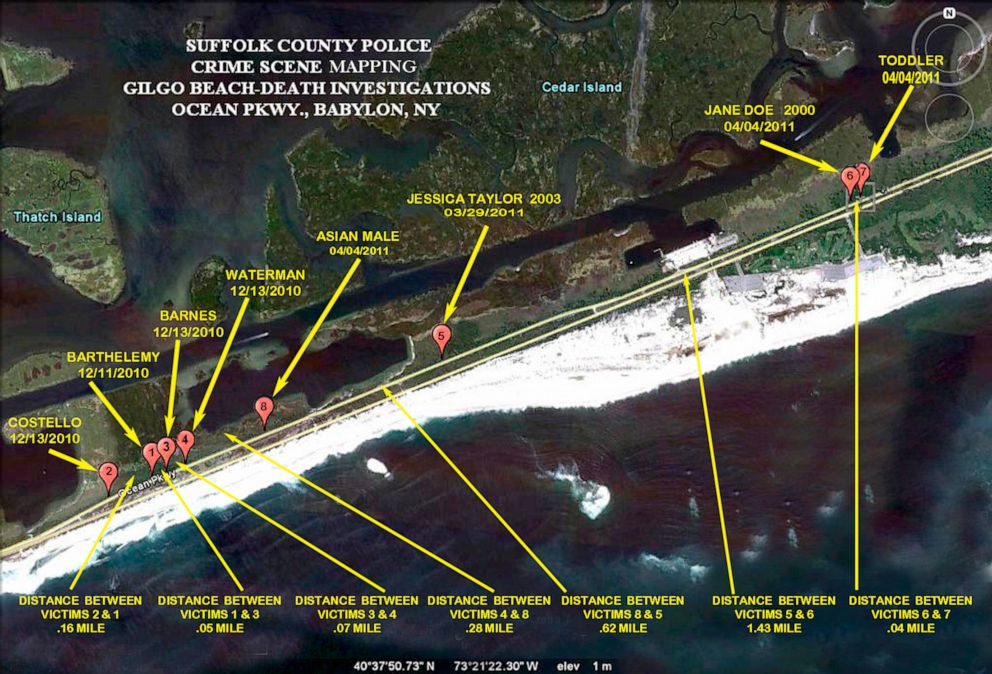 PHOTO: The locations where eight of 10 bodies were found near Gilgo Beach since December 2010 are seen in this Suffolk County Police handout image released to Reuters, Sept. 20, 2011.