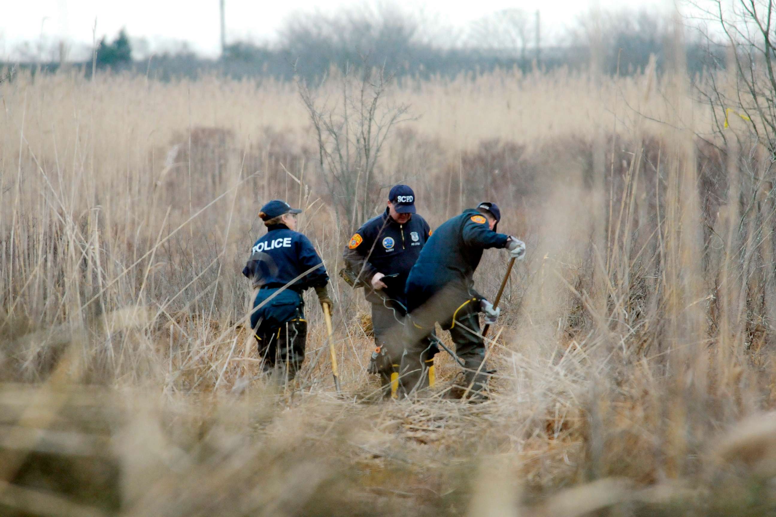 PHOTO: Crime scene investigators use metal detectors to search a marsh for the remains of Shannan Gilbert, Dec. 12, 2011 in Oak Beach, New York.