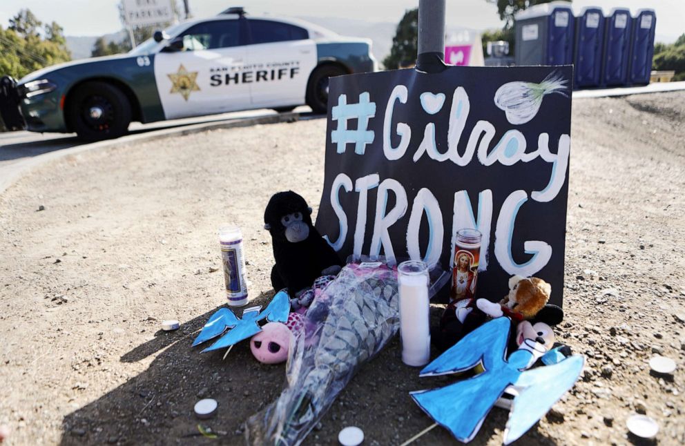 PHOTO: A makeshift memorial is seen outside the site of the Gilroy Garlic Festival, July 29, 2019,  the day after a mass shooting took place there, in Gilroy, Calif.