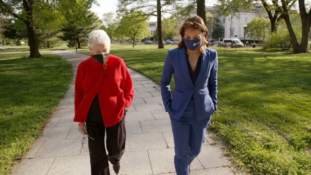 PHOTO: ABC News Chief Meteorologist Ginger Zee speaks with National Climate Advisor Gina McCarthy about President Biden's climate priorities in Washington, DC on April 15, 2021.