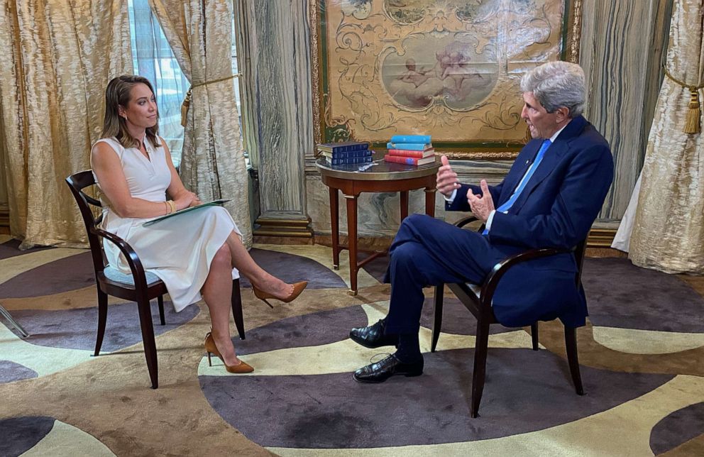 PHOTO: U.S. Special Presidential Envoy for Climate sits down with ABC News Chief Meteorologist Ginger Zee for an interview in New York on Sept. 21, 2021.