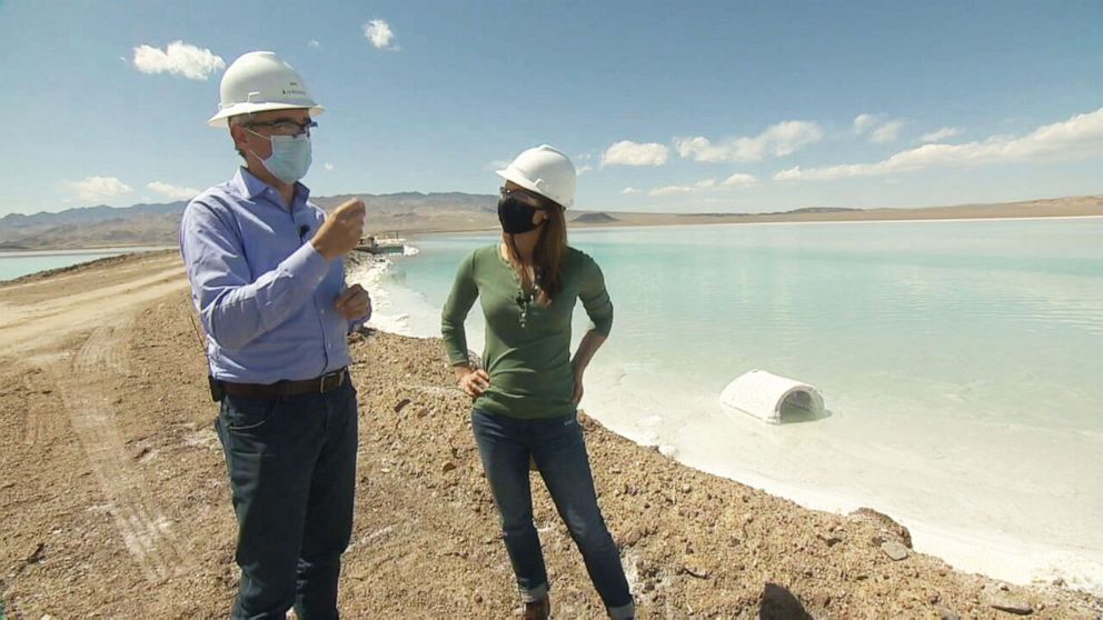 PHOTO: ABC News Chief Meteorologist Ginger Zee and Albemarle Global Business Director Eric Norris tour the company's lithium mine in Silver Peak, Nevada, on April 13, 2021.