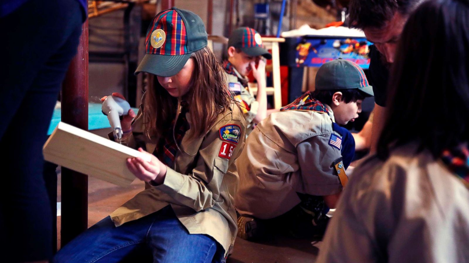 PHOTO: Tatum Weir, left, sets to drill a pilot hole while building a tool box during a cub scout meeting in Madbury, N.H, March 1, 2018.