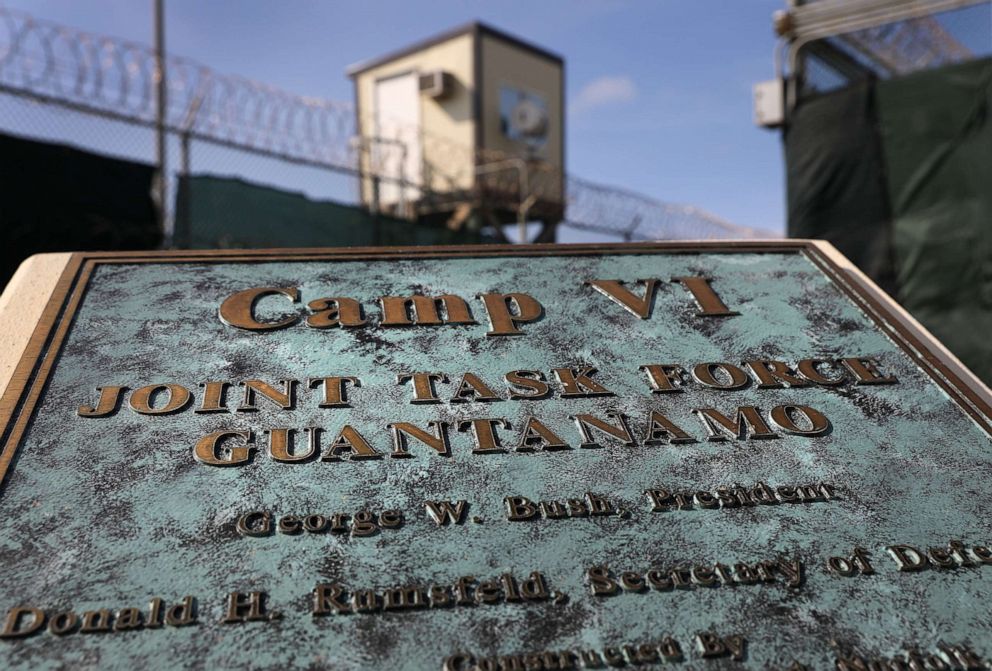 PHOTO: A commemorative plaque stands in front of the maximum security Camp 6, at the  detention center at the U.S. Naval Station at Guantanamo Bay, Cuba, Oct. 22, 2016.