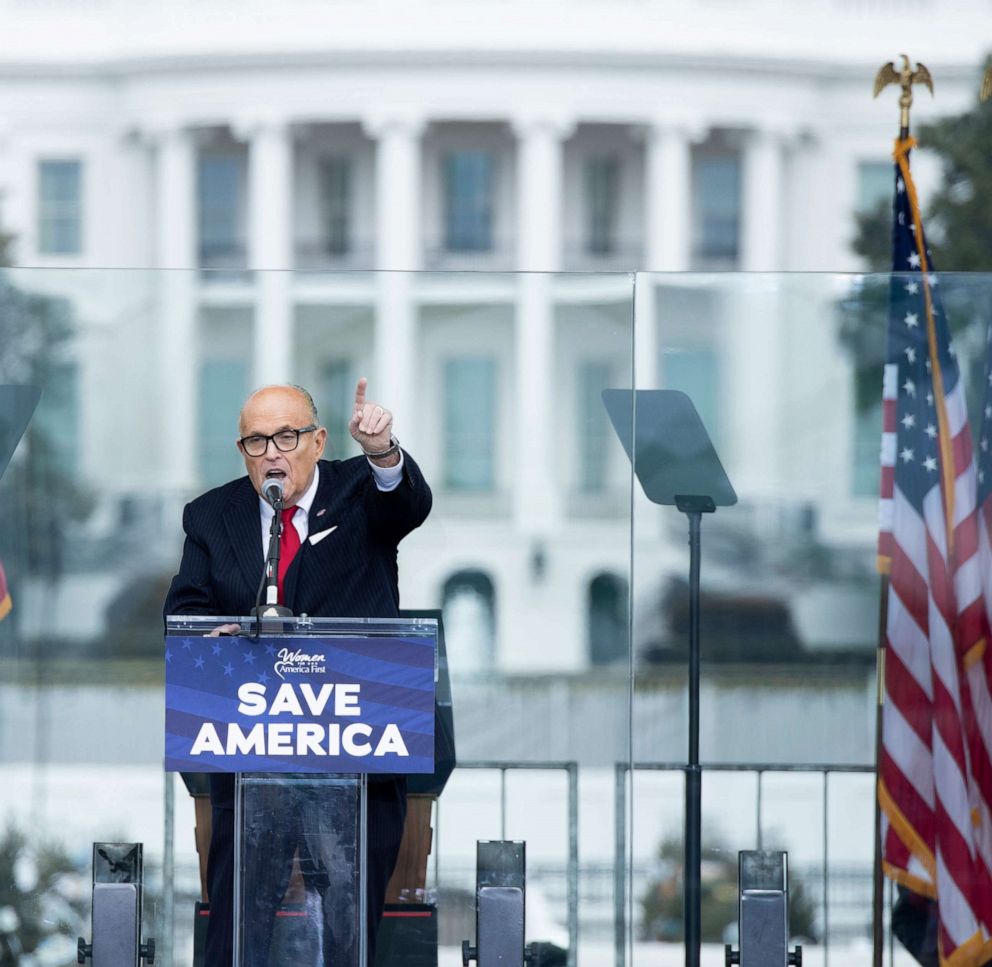 PHOTO: Rudy Giuliani speaks to supporters from The Ellipse near the White House, Jan. 6, 2021, in Washington, D.C.