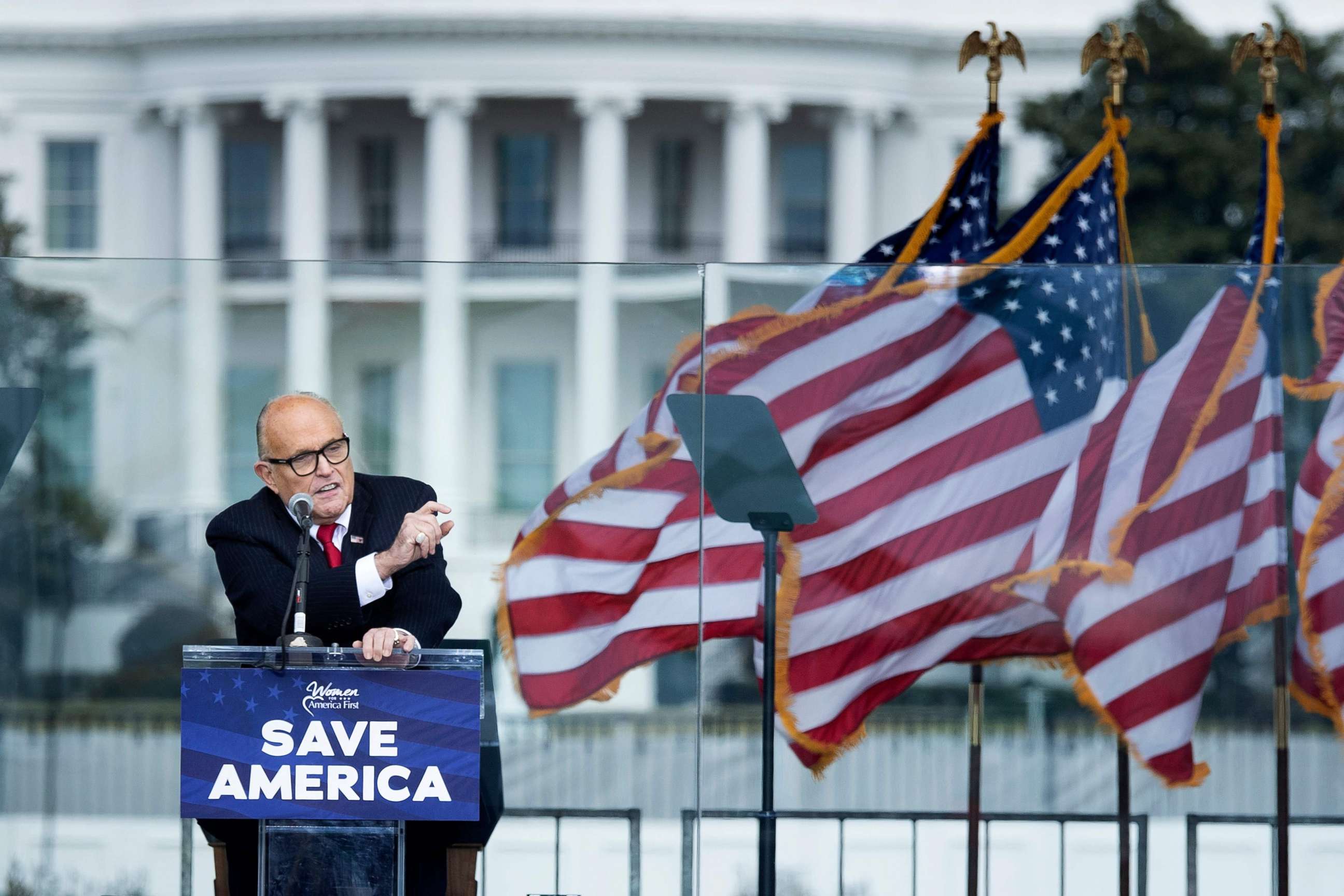 PHOTO: US President Donald Trump's personal lawyer Rudy Giuliani speaks to supporters from The Ellipse near the White House on January 6, 2021, in Washington, DC. 