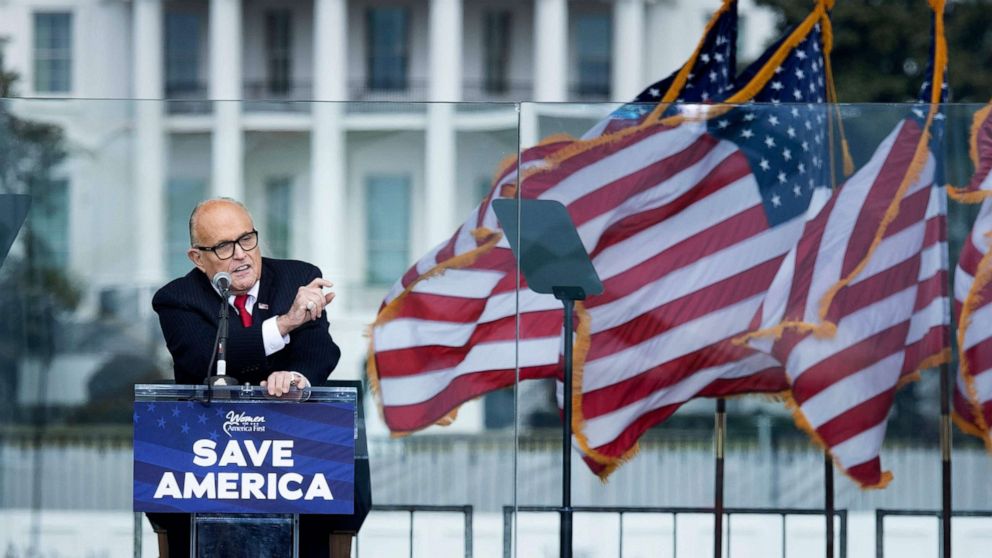 PHOTO: US President Donald Trump's personal lawyer Rudy Giuliani speaks to supporters from The Ellipse near the White House on January 6, 2021, in Washington, DC. 