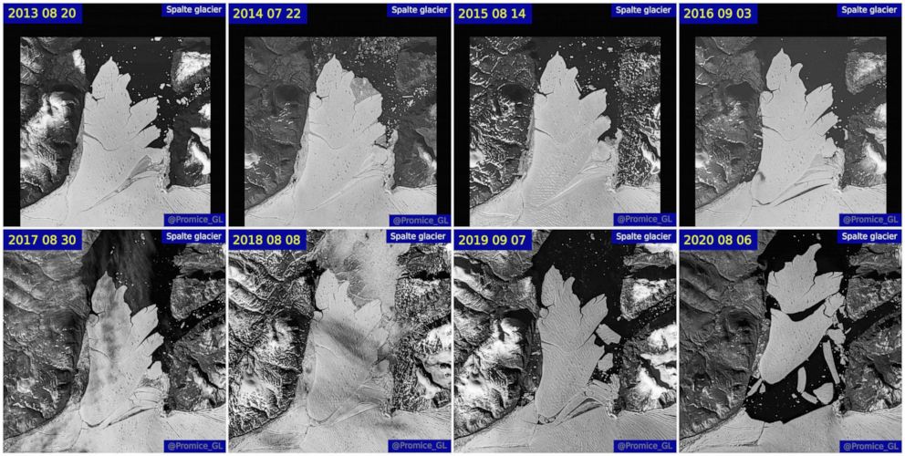PHOTO: A combination of satellite images shows the Spalte glacier disintegration between 2013 and 2020.