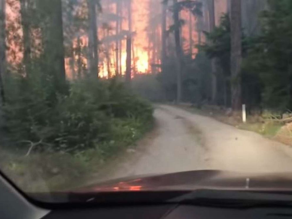 A son and his 70-year-old father barely escaped as they drove right through a raging forest fire in West Glacier, Montana.