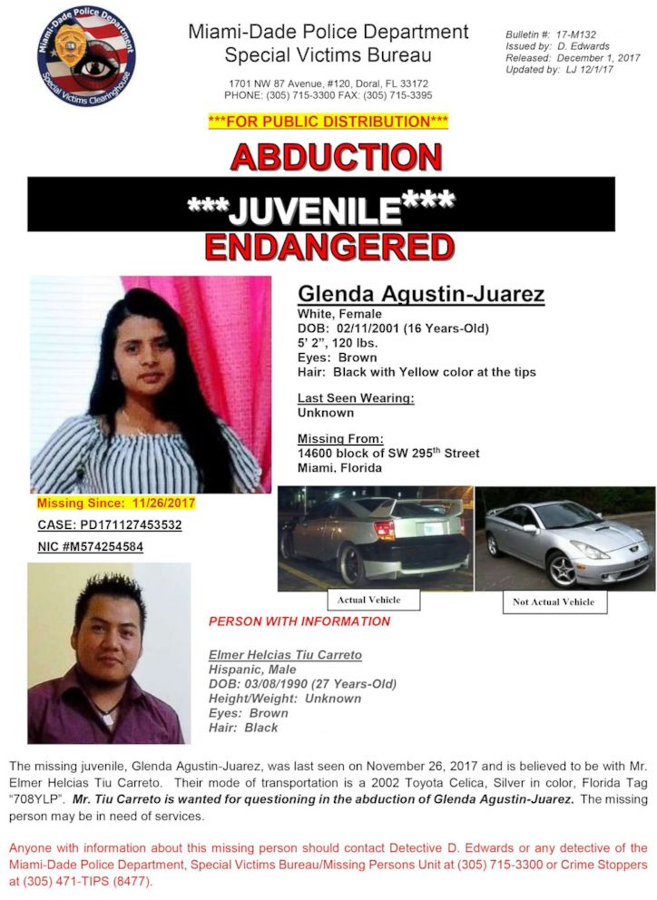 PHOTO: Glenda-Agustin-Juarez, 16, was last seen on Nov. 26, 2017 and is believed to be with Mr. Elmer Helcias Tiu Carreto.