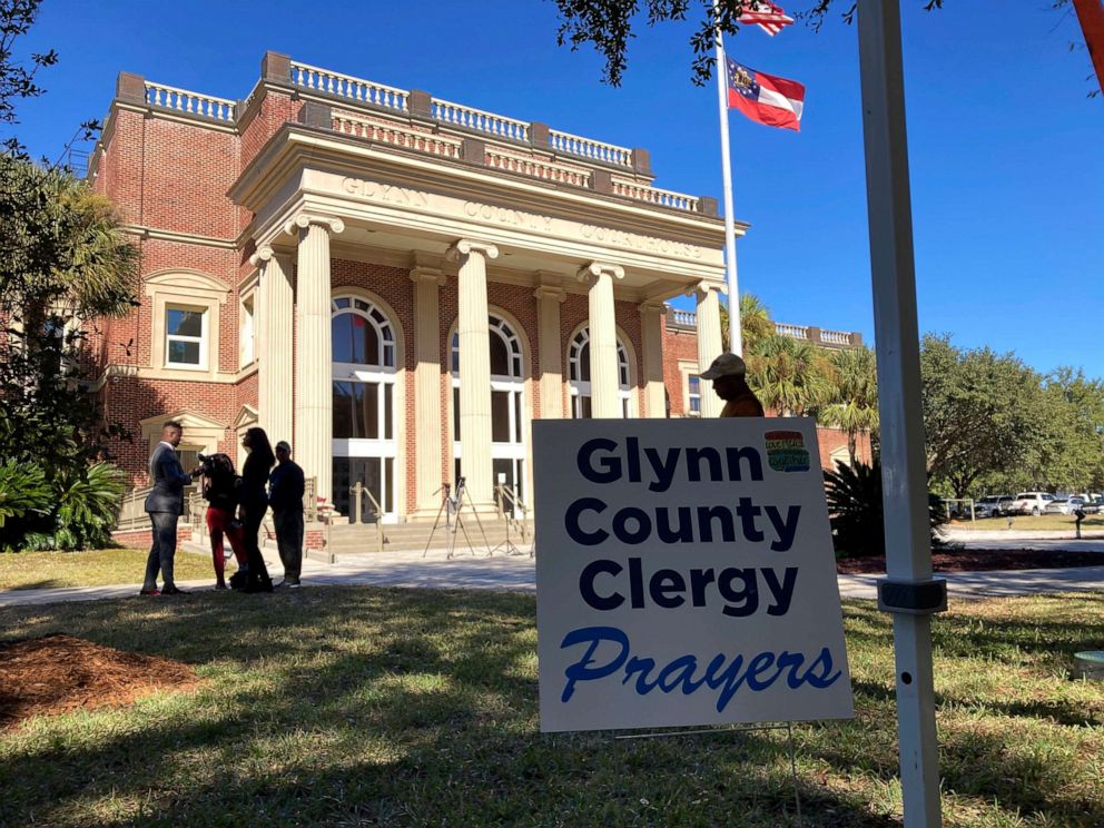 PHOTO: Black and white pastors have set up a tent and are asking for prayers during the trial over the death of Ahmaud Arbery at the Glynn County courthouse in Brunswick, Georgia, Nov. 16, 2021.