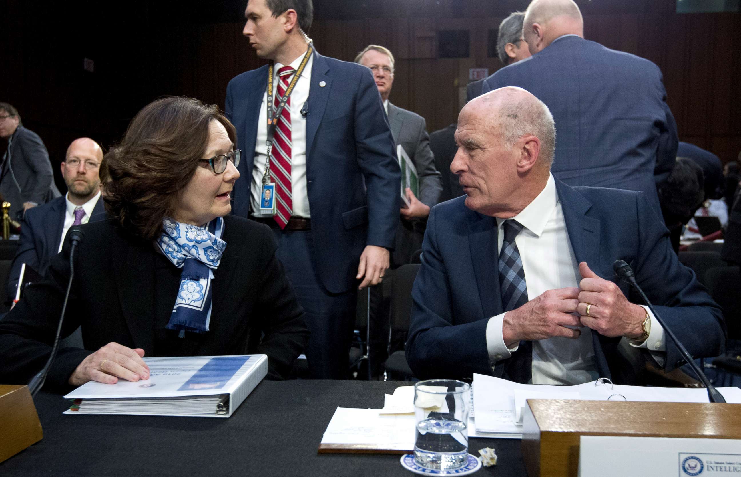 PHOTO: CIA Director Gina Haspel speaks with Director of National Intelligence Daniel Coats during a hearing before the Senate Intelligence Committee on Capitol Hill in Washington, Jan. 29, 2019.