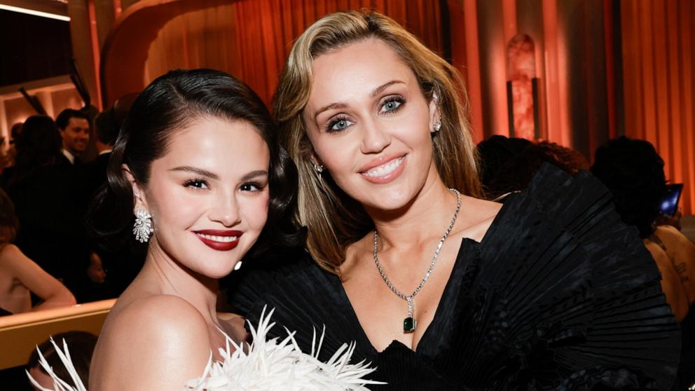 PHOTO: Selena Gomez and Miley Cyrus attend the 83rd Annual Golden Globes in Beverly Hills, Calif., January 11, 2026.