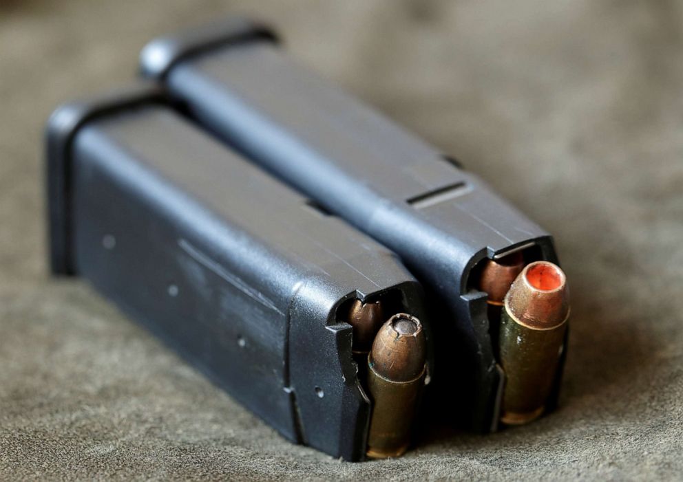 PHOTO: Loaded magazines for a Glock 19, 9 mm Para and for a Glock 20, 10 mm Auto pistol are seen in Vienna, Austria, March 22, 2018.