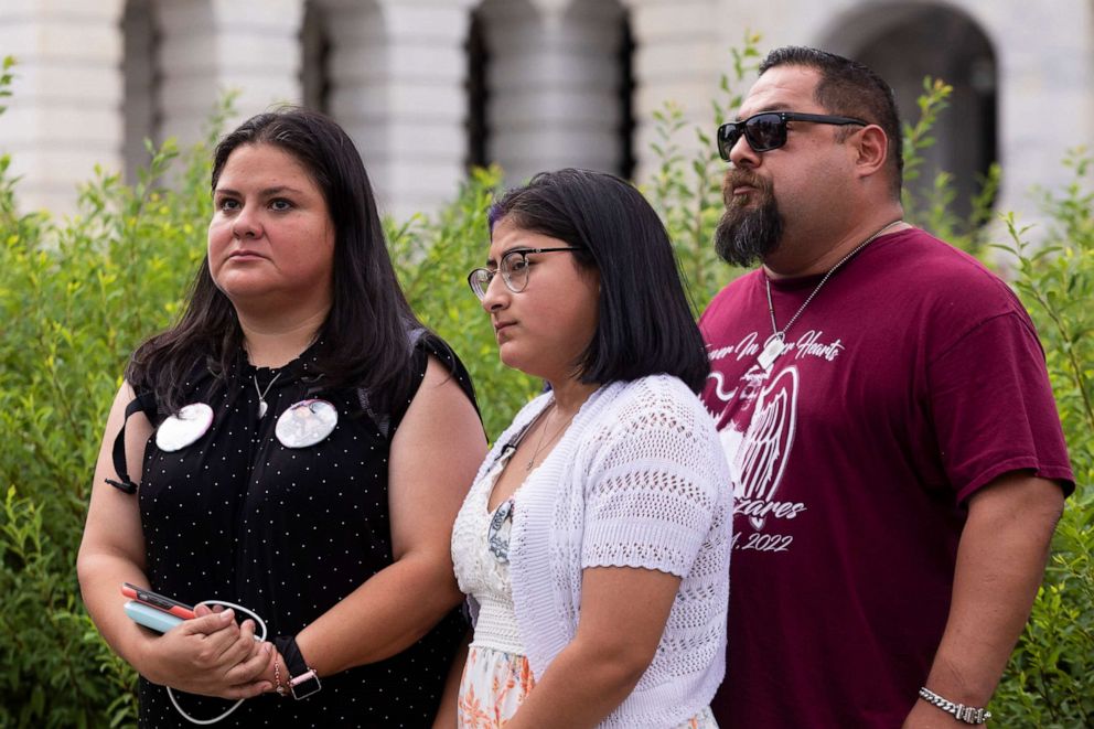 PHOTO: Gloria Cazares, whose daughter Jacklyn Cazares was a victim of the school shooting in Uvalde, Texas, stand with daughter Jazmin Cazares and husband Jacinto Cazares during a press conference on July 27, 2022 in Washington, D.C. 
