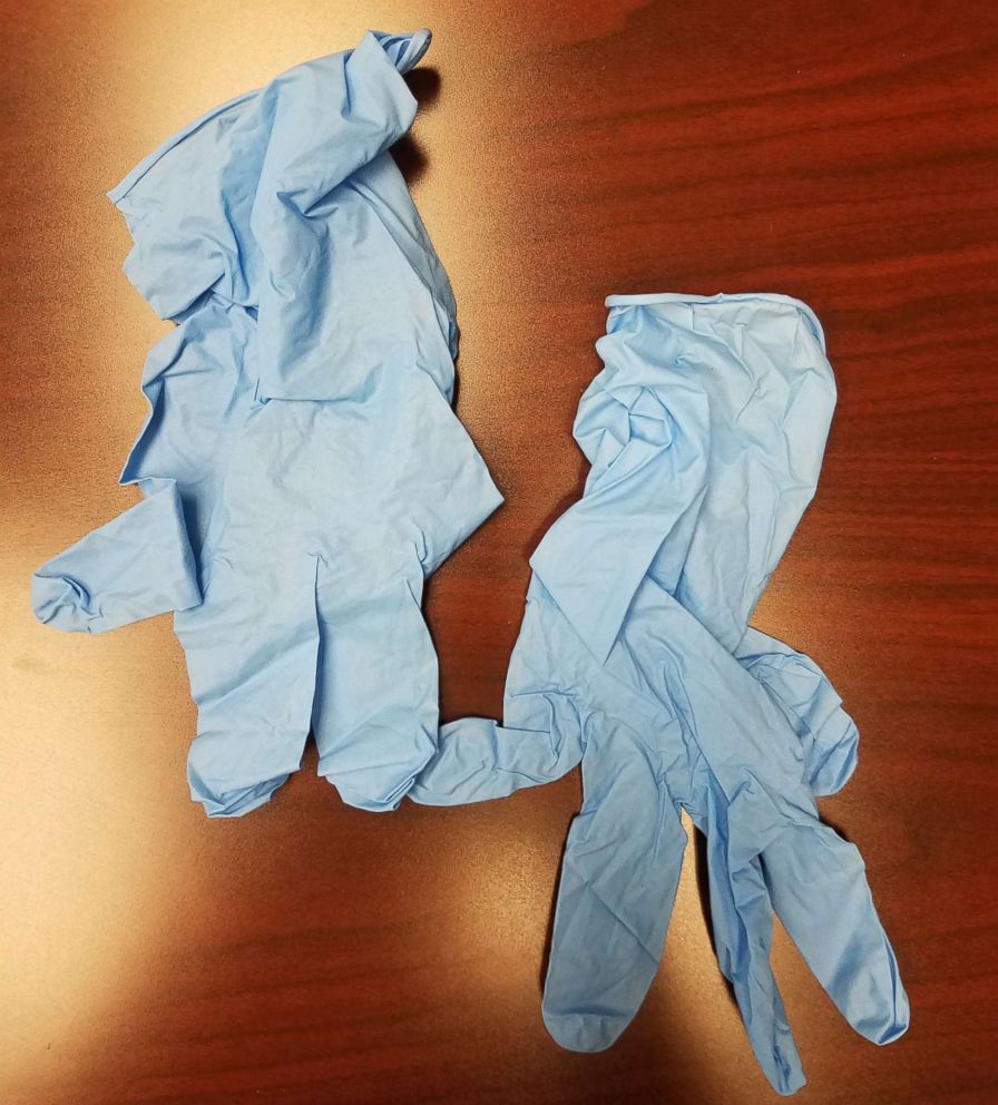 PHOTO: A pair of blue-colored gloves were sent to a Detroit woman after she complained to Samsung that her mobile devices caught fire, May 21, 2018.